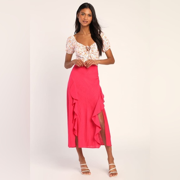 Lulus Dresses & Skirts - Lulus Pink Ruffle Midi Skirt Double Slit Large L Linen